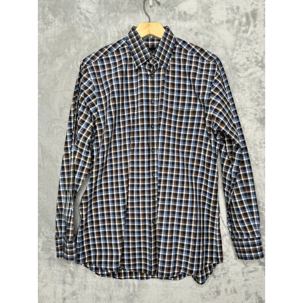 Scott Barber Shirt Mens Large Blue Brown Plaid Long Sleeve Button Front Casual